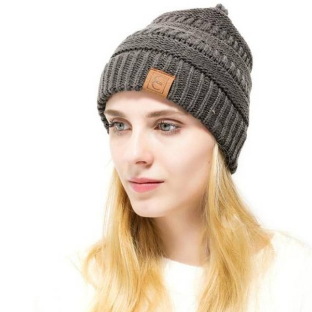 Charcoal Gray Beanie Hat Knit Ribbed Cap Arcylic NEW